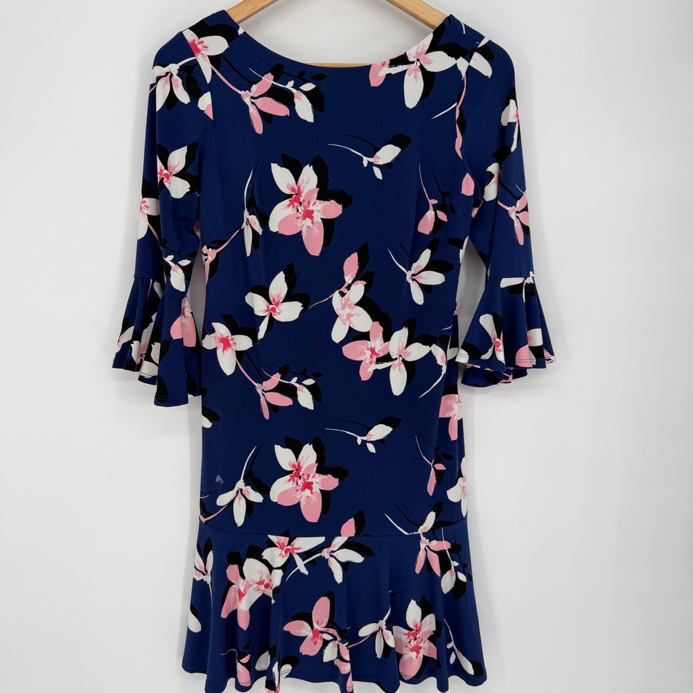Eliza J Dress Navy Pink Floral Bell Sleeve Ruffle Hem Sheath Feminine 6P